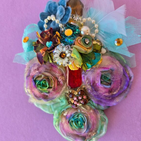Handmade Pastel Rainbow Rose and Millinery Feather Crystal Hair Clip Romantic - Picture 5 of 10